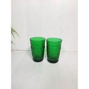 2 Vintage Forest Green Juice Tumblers, Anchor Hocking Sandwich Glass 5 oz